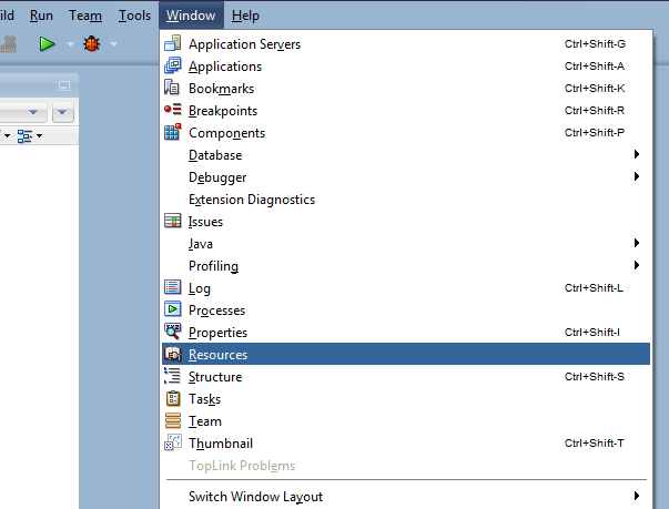 Открытие окна Resources Открытие окна Resources