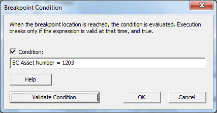 Окно логического условия точки останова в отладчике кода события Окно логического условия точки останова в отладчике кода события