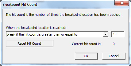 Окно условия по количеству прохождений точки останова в отладчике кода события Окно условия по количеству прохождений точки останова в отладчике кода события
